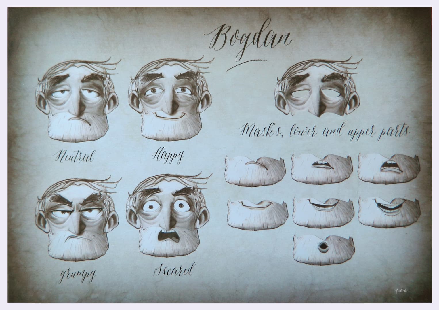 Karakterna študija za Bogdana v dveh podobah, forntalni in od strani. Na obeh je namrgoden stari gospod s plešo, oblečen v rjave hlače, pulover in moder plašč. V rokah ima dežnik.