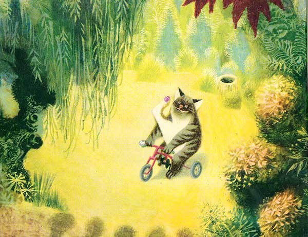 ilustracija sivega mačka, ki vozi tricikel po vrtu v rumeno-zelenih barvah